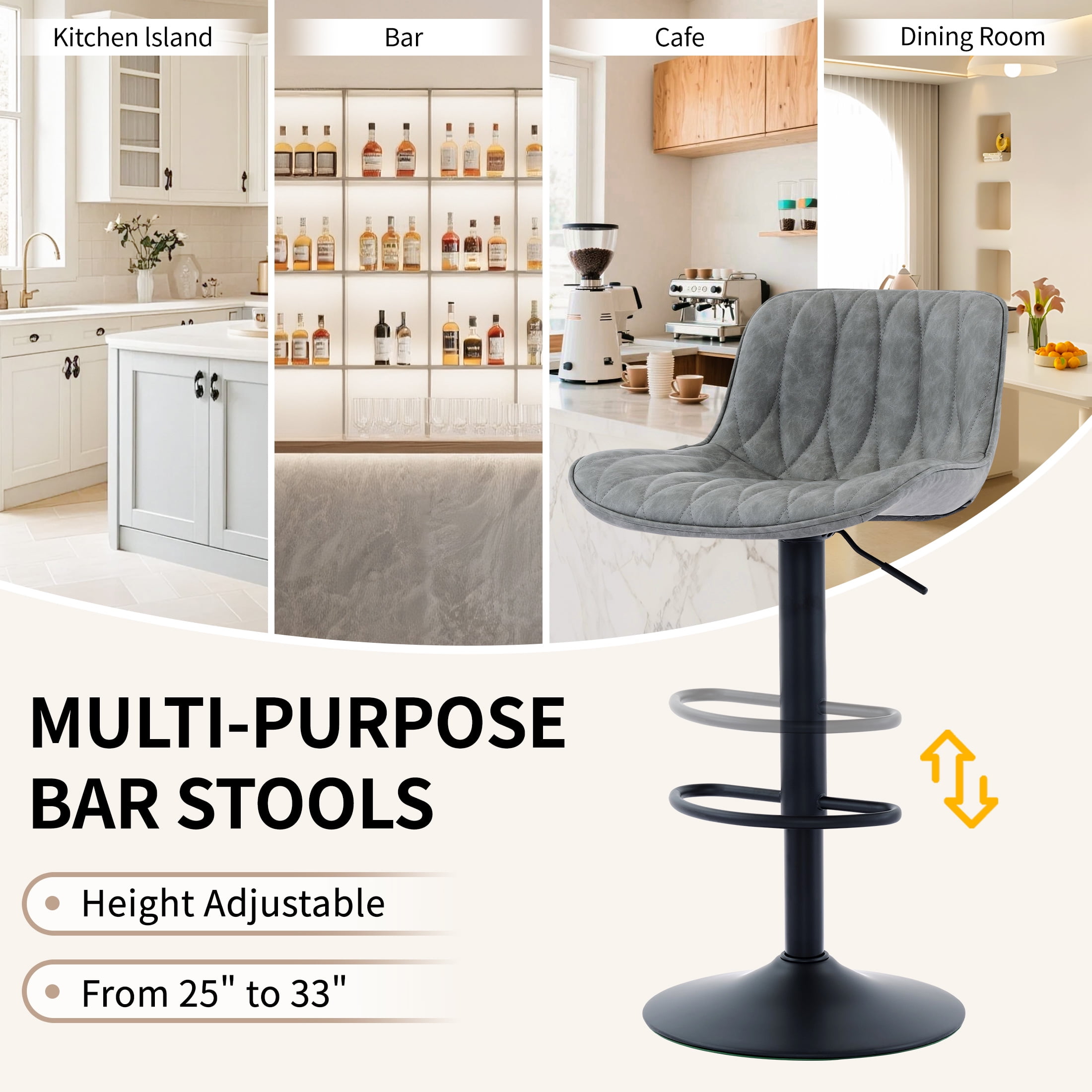 FIRAVOE Swivel Bar Stools Set of 2 (Adjustable Height 25"-33") Counter Height Bar Stools with Back, Modern Faux Leather Barstools for Kitchen Island, Gray
