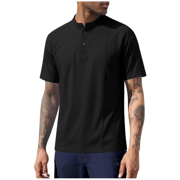 Men's UPF 50 Sun Protection Henley Shirts Summer Beach Shirt Short Sleeve Tshirt Fitted T-Shirt Basic Tees Work T Shirt Black L