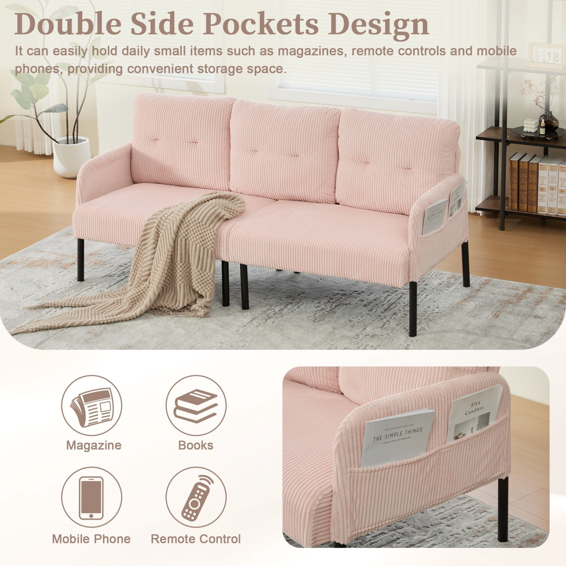 Oversized Loveseat Sofa, Modern Corduroy Upholstered Couch with Side Pockets & Metal Legs for Living Room Bedroom, Pink