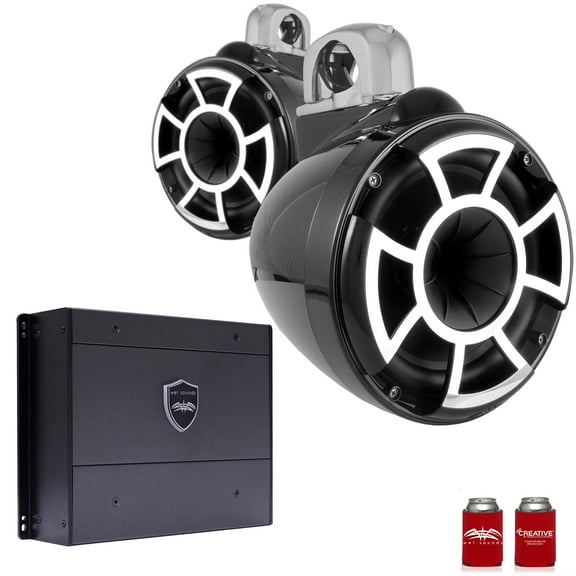 Wet Sounds REV8B-FC-SA 8" Black Tower Speakers with Silver Aluminum Fixed Clamps & SYN-DX2 750 Watt Amplifier