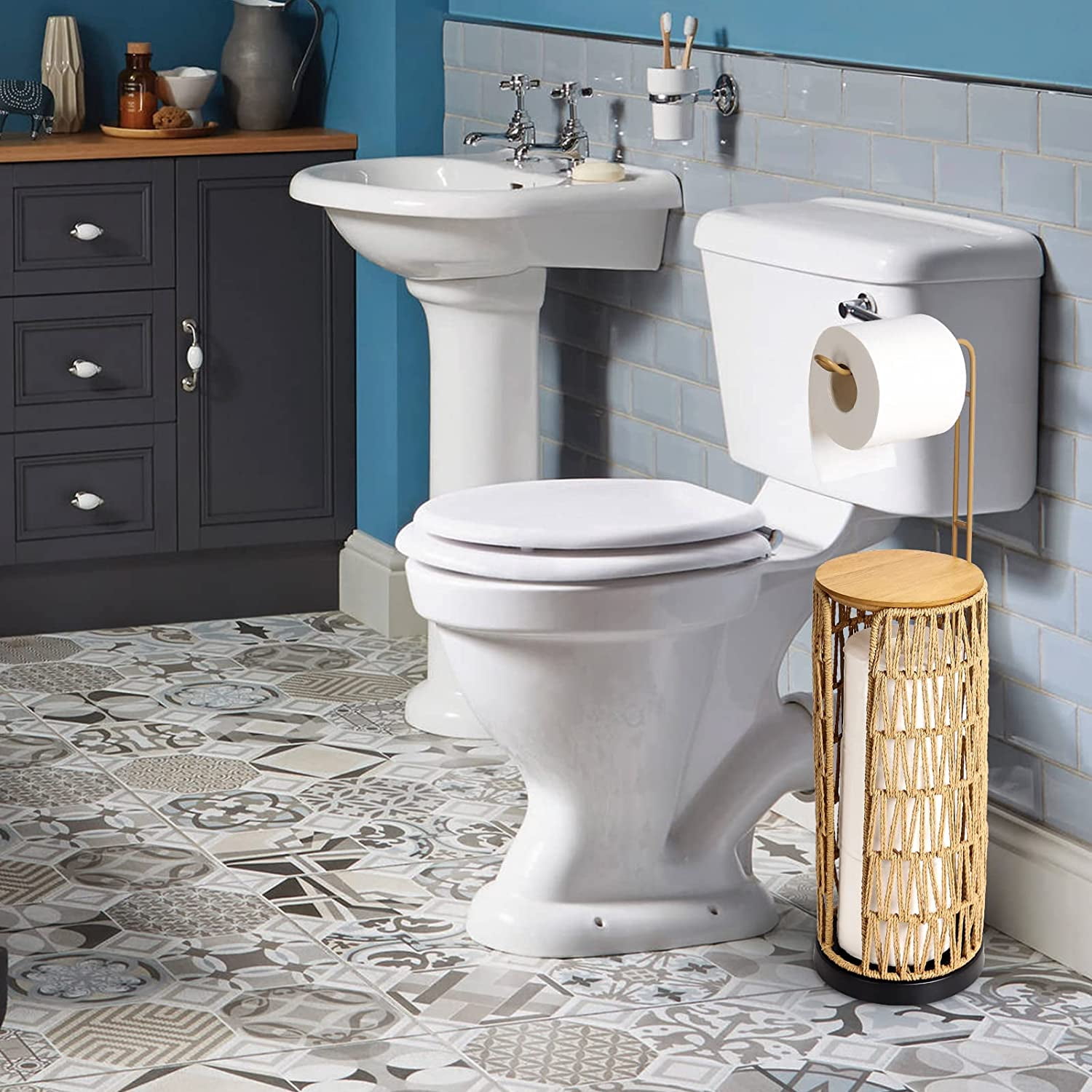 Freestanding Toilet Paper Holder With Storage 3 Rolls Of Tissue For Bathroom Handmade Woven Roll Stand Rattan Sturdy Boho Decor Farmhouse