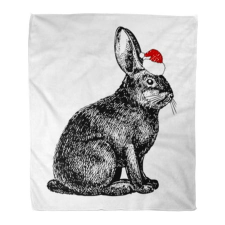 Fuzzy Christmas Blankets KDAGR Flannel Throw Blanket Vintage Christmas Rabbit in Santa Hat White Black Drawn Engraving Hand 58x80 Inch Lightweight Cozy Plush Fluffy Warm Fuzzy Soft ()