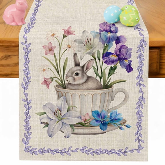 Spring Easter Table Runner 70 Inches Long for Kitchen Dining, Retro Rabbit Cup Botanical Purple Leaves Dresser Scarf Farmhouse, Dining Table Decorations for Wedding/Parties, 13 x 70 In