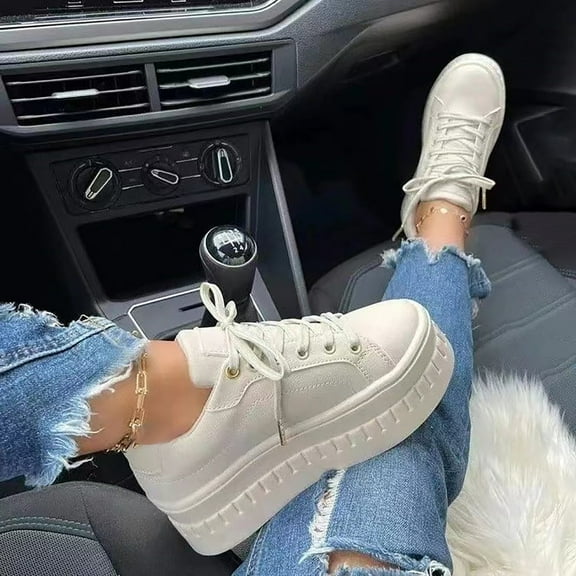 Tawop Slip Resistant Work Womens Shoes Slip On Walking Casual Comfort Sneaker Round Toe Lace Beige Size 4.5