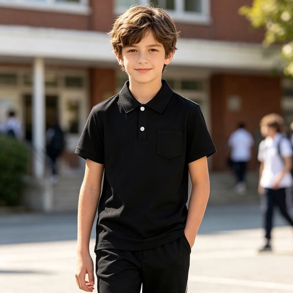 Boys Short Sleeve Polo Shirts Kids Black Casual Button School Uniform Shirts with Chest Pocket 5-6 Years