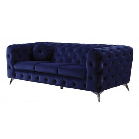 HomeRoots 90" Blue Velvet And Black Sofa