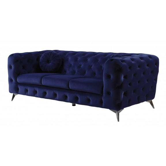 HomeRoots 90" Blue Velvet And Black Sofa