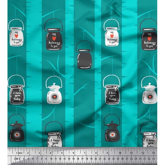 Soimoi Green Heavy Satin Fabric Tree,Text & Jar Vintage Fabric Prints By Yard 54 Inch Wide