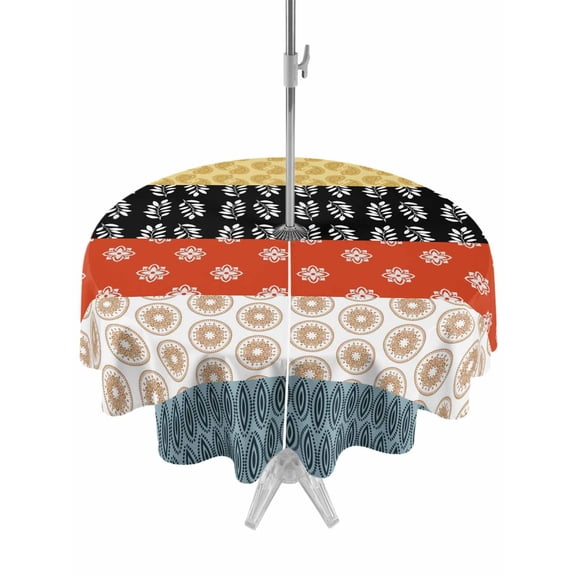 Modern Bohemian Outdoor Tablecloth - 54 Inch Round Dining Table Cover, Colorful Minimalist Abstract Paisley Boho Waterproof Outdoor Table Cloth with Umbrella Hole & Zipper for Picnic/Patio/Party