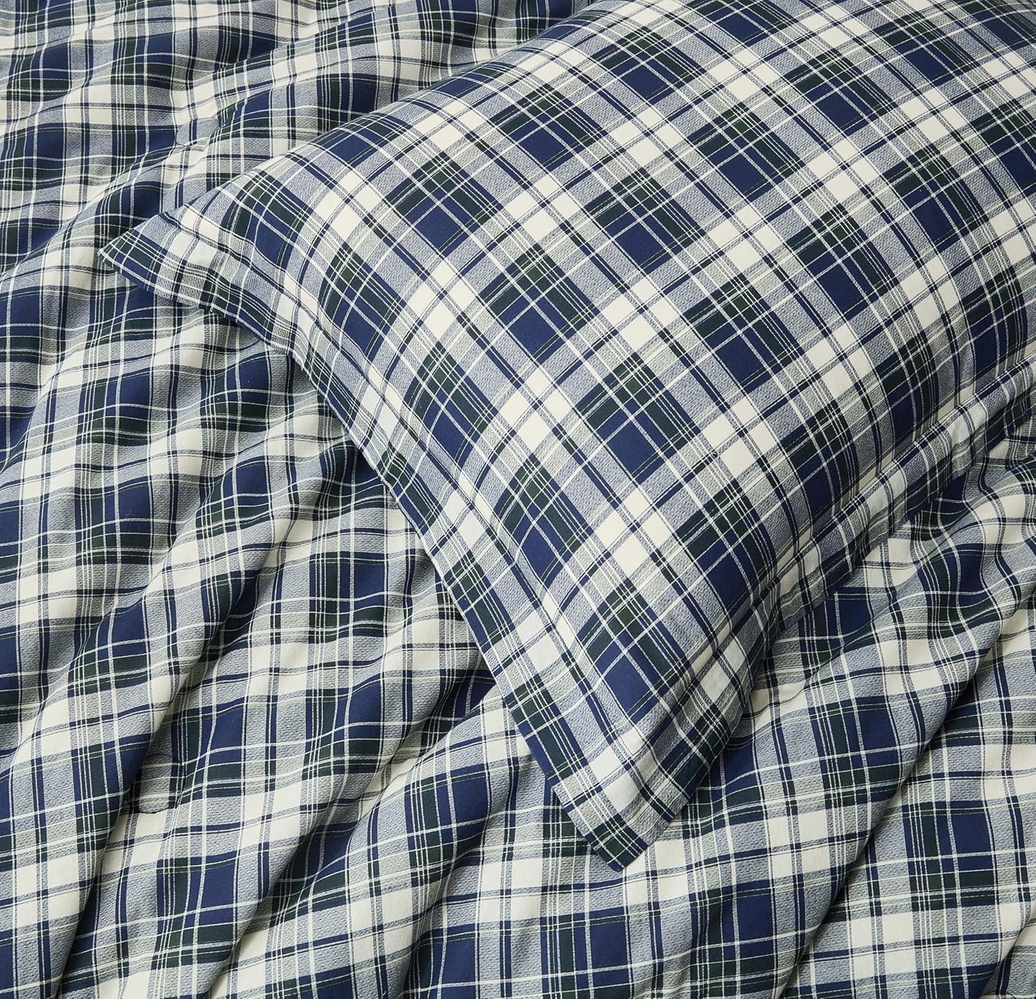 Chezmoi Collection Chad 2-Piece Washed Cotton Comforter Set Twin Size, Blue Green Light Beige Plaid Printed Bedding Set Reversible Lightweight Comforter for All Season