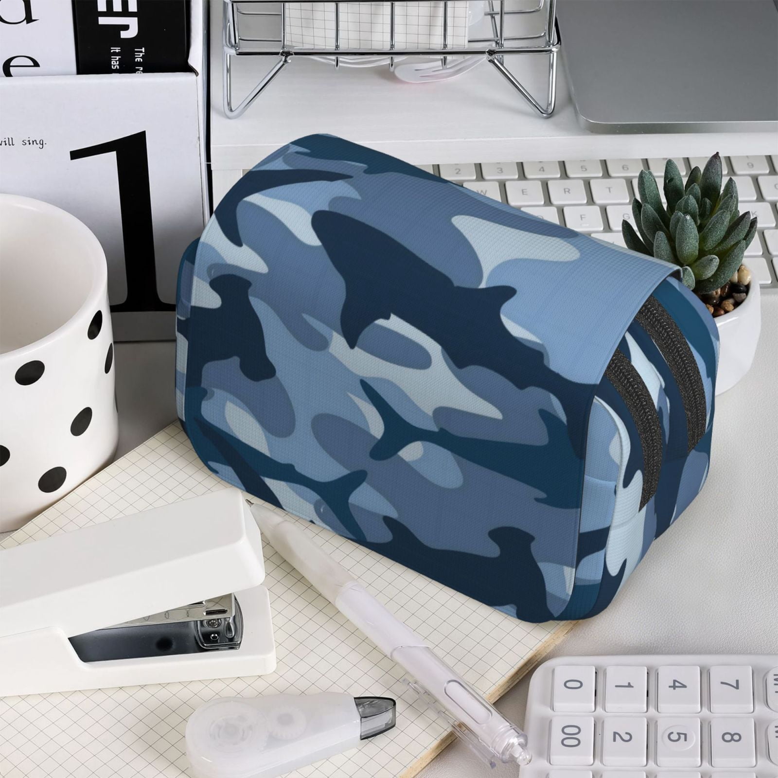 Large-Capacity Flip-Top Double-Layer Pencil Case, Multi-Functional Pocket Pen Case, Durable Stationery Organizer Camouflage-Patterned Shark