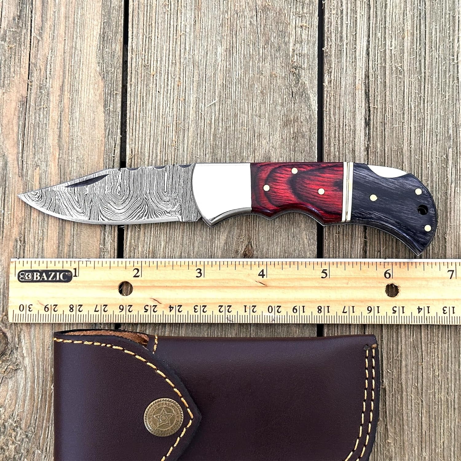 Poshland Damascus Pocket Knife For Men, Handmade Folding Damascus Steel Knife with Sheath For Hunting, Camping, Hiking, Wooden Handle Back Lock Knife