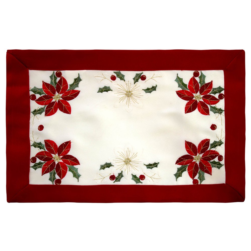 Creative Home Ideas Holiday Embroidered Poinsettia 13 x 19 in. Cloth Placemats with Red Trim
