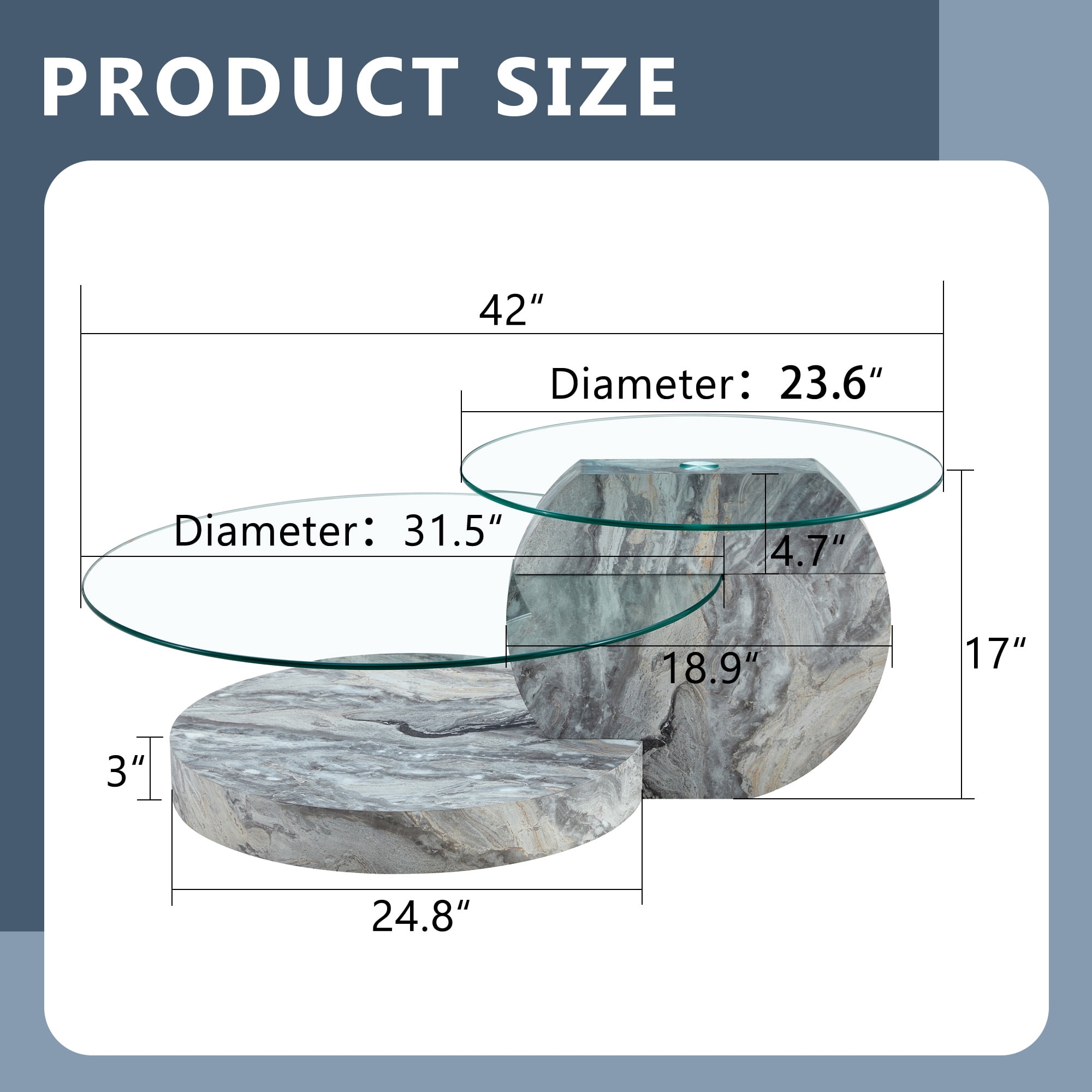 Vanress 42" Glass Coffee Table, Round Coffee Table, Modern Double Layer Round Glass Coffee Table for Living Room, Grey