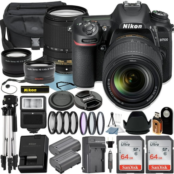 Nikon D7500 DSLR Camera with 18-140mm Lens + 2pcs SanDisk 64GB Memory Card + Case + Tripod + UV Filter + A-Cell Accessory Bundle