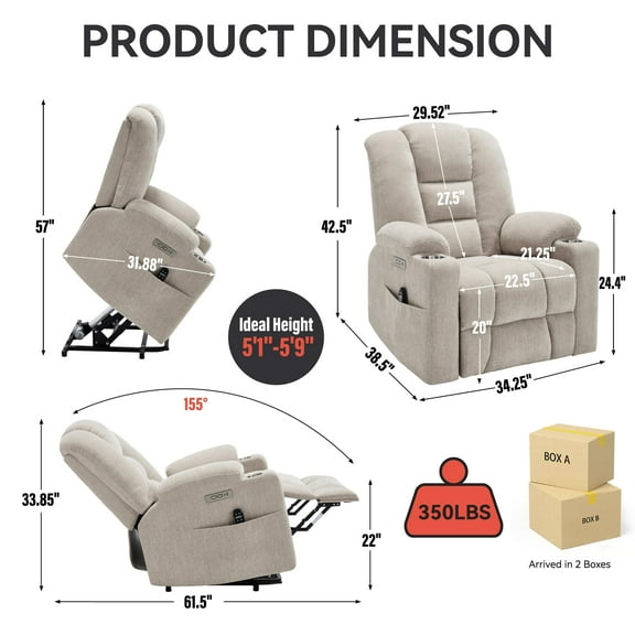 Newboti Furniture Power Lift Recliner Chair with Massage and Heat for Elderly, Overstuffed Wide Recliners, Heavy Duty Motion Mechanism with USB and Type C Ports, 2 Steel Cup Holders, Beige 16684