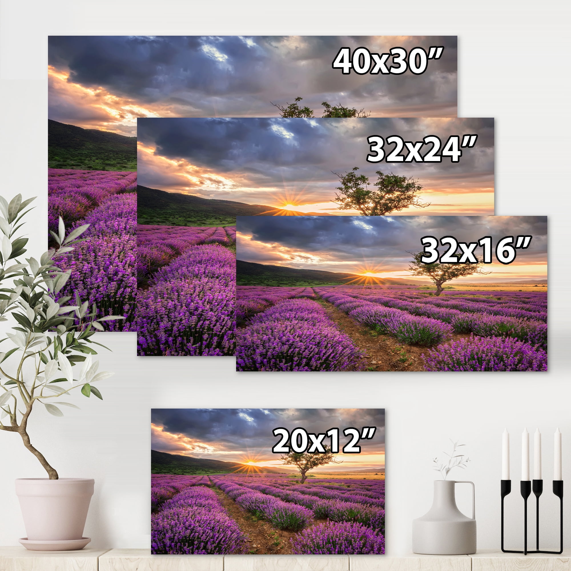 Dramatic Clouds and Sunrise Over Lavender Field VIII 8 in x 12 in Photography Canvas Art Print, by Designart