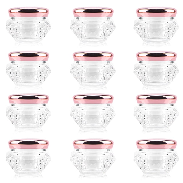 Paquete de 12 frascos de plástico para crema de 10g, recipiente para cosméticos, bote de muestra rellenable, viales de maquillaje transparentes con forma de diamante, botellas con tapas rosa