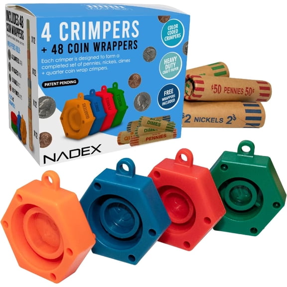 Nadex 48 Preformed Coin Roll Wrappers with 4 Color-Coded Coin Crimping Tools, 12 Each for Pennies, Nickels, Dimes and Quarters