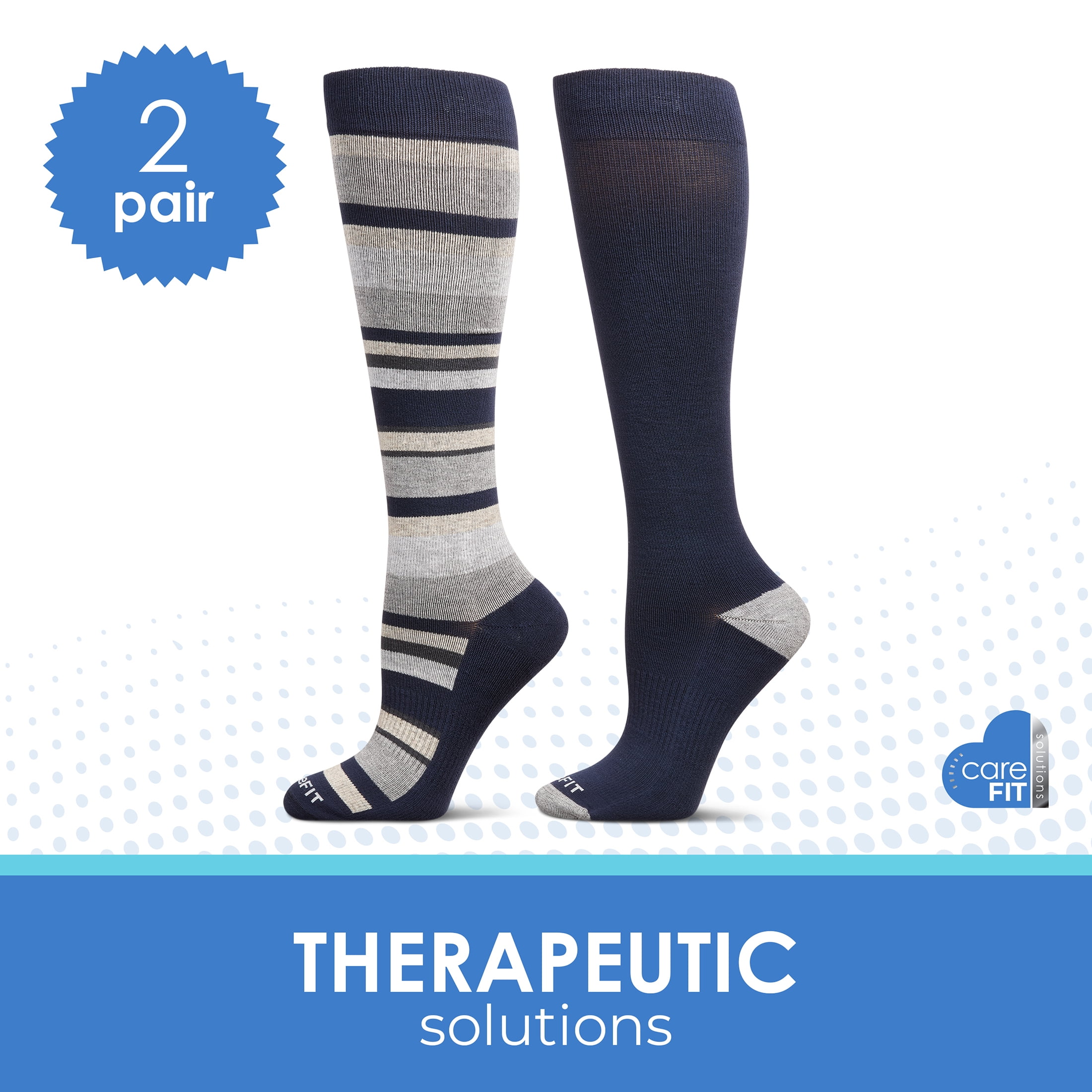 Care Fit Solutions 2 Pair Pack Striped Cotton Blend Graduated Compression Socks