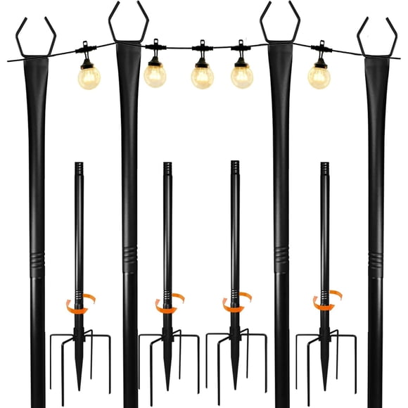 10FT String Light Poles 4 Pack, Adjustable Metal Light Poles with Fork for Outside String Lights, Outdoor Hanging Light Stand for Patio, Deck, Backyard, Garden, Party, Wedding