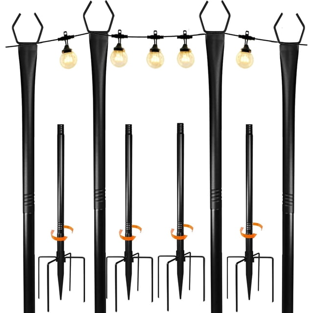 10FT String Light Poles 4 Pack, Adjustable Metal Light Poles with Fork for Outside String Lights, Outdoor Hanging Light Stand for Patio, Deck, Backyard, Garden, Party, Wedding