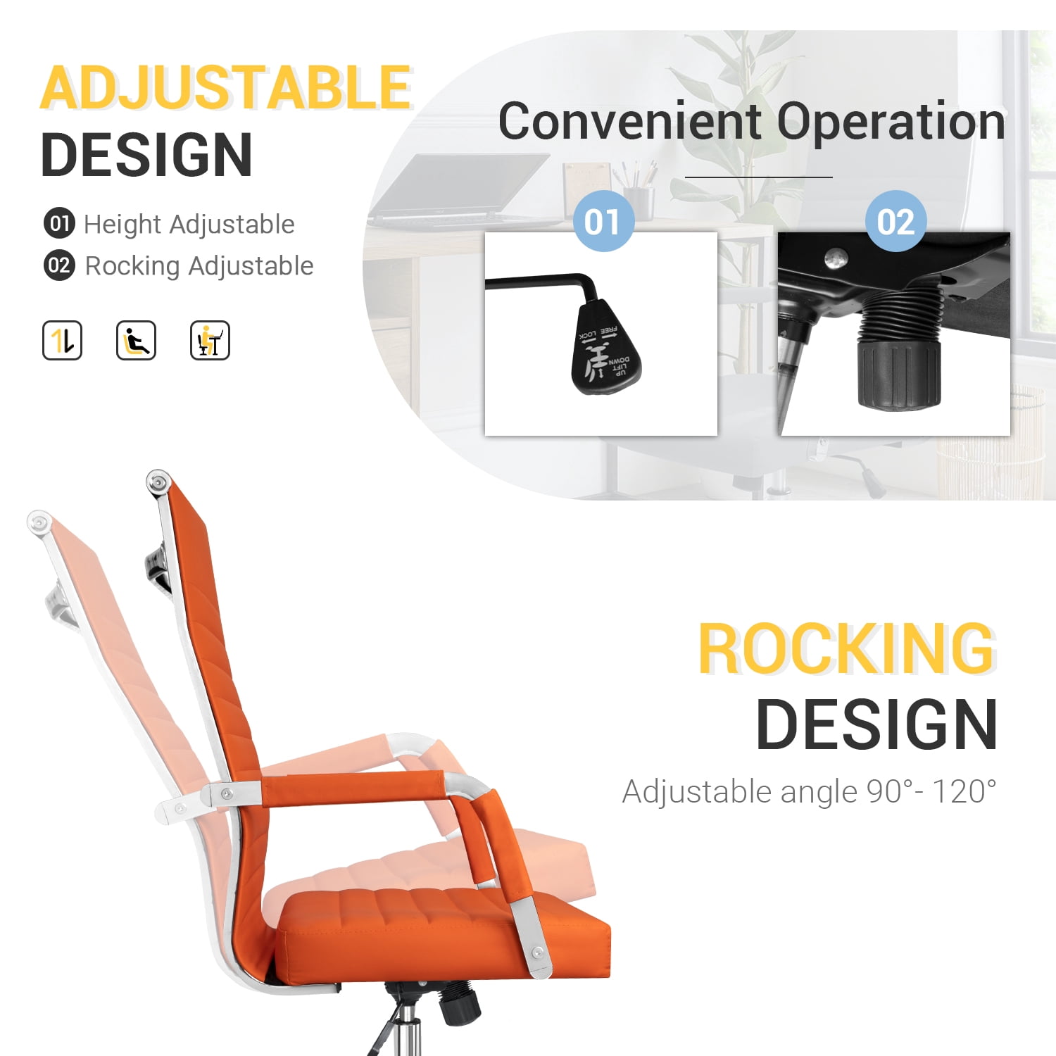 Furmax Ribbed Office Desk Mid-Back PU Leather Executive Conference Task Adjustable Swivel Chair with Arms, Orange