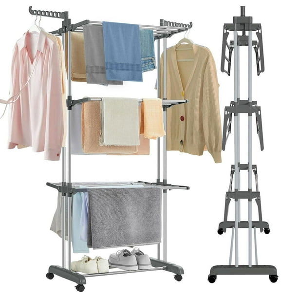 Tendedero Plegable para Ropa Vertical de 4 Niveles, Tendedero para Ropa con alas Laterales y Ruedas, Soporte para tendedero Plegable portátil, Adecuado para Uso en Interiores y al Aire Libre