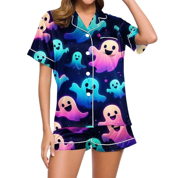 Xdegoge Womens Loungewear Set Soft Lightweight Short Sleeve Sleep Shirts and Elastic Shorts for Relaxing Home Vacation Cute 2 Piece Button Up Pajamas