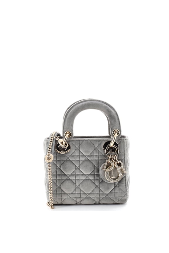 Pre-Owned Lady Dior Chain Bag Cannage Quilt Velvet with Crystal Charms Mini By Rebag