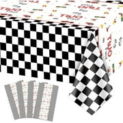 4pcs Two Fast Race Car Tablecloths - Racing Car Table Covers Rectangular Black and White Checkered Tablecloth for Boys Kids' Two Year Old Race Car Birthday Party Supplies, 51 x 86.6 Inch (Two Fast)