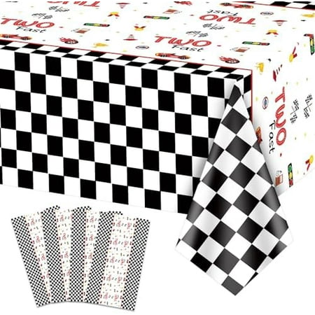 4pcs Two Fast Race Car Tablecloths - Racing Car Table Covers Rectangular Black and White Checkered Tablecloth for Boys Kids' Two Year Old Race Car Birthday Party Supplies, 51 x 86.6 Inch (Two Fast)