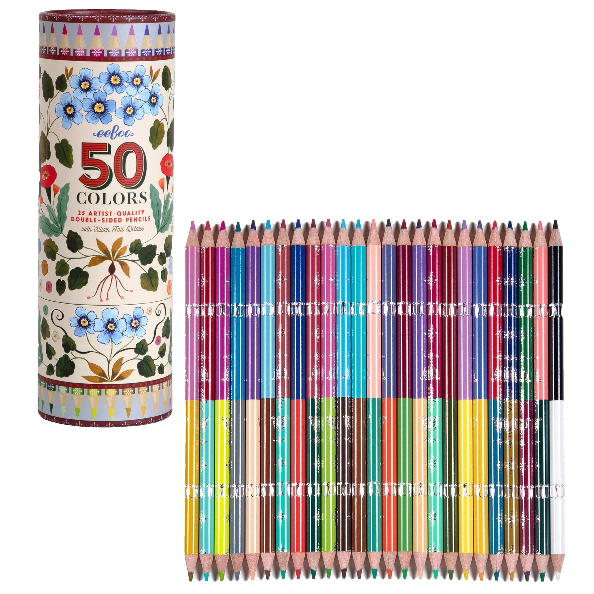 eeBoo Piece & Love: Double-Sided Colored Pencils - Flora's - 25pc - 50 Color Set, Silver Foil Design, Floral Storage Tube, Artist-Quality, Adults