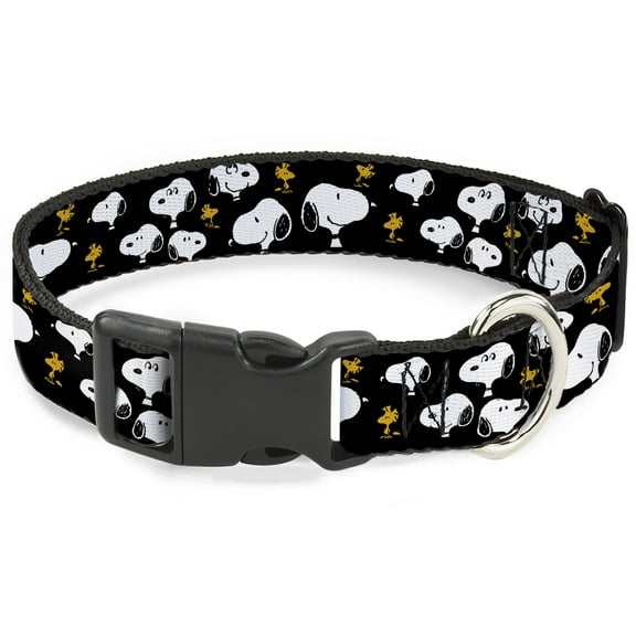 Peanuts Worldwide LLC Pet Collar, Dog Collar Plastic Buckle, Peanuts Snoopy and Woodstock Poses Scattered Black, 7 to 8.5 Inches 0.5 Inch Wide