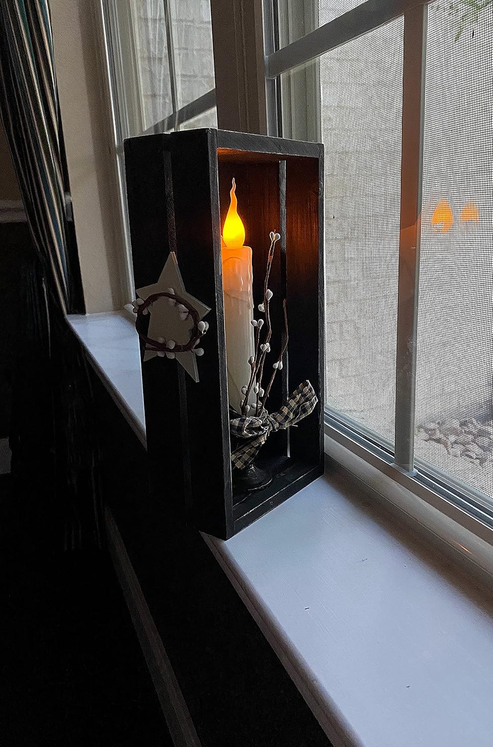Flameless LED Candle In Wooden Box Rustic Christmas Decoration W Stars & Berries Battery-Operated Flickering Light Tabletop Window, Fireplace Mantle 11”H  x 5.5” L
