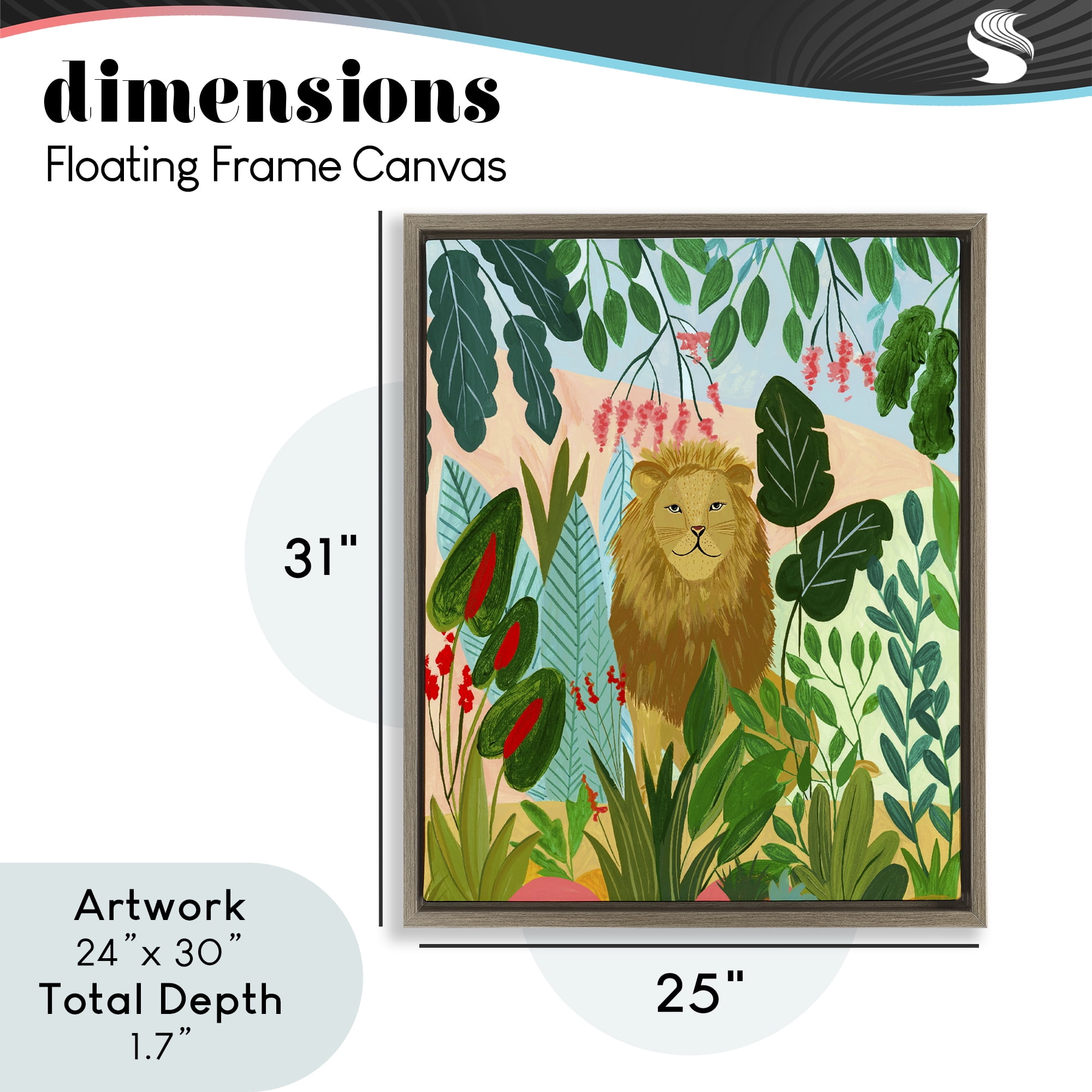 Stoic Lion Tropical Forest Brown Framed Floater Canvas Wall Art, design by Nabeela Rumi