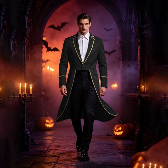 Long Tailcoat Magician, Pirate Coat, Victorian Frock Coat, Ringmaster Circus, Long Tailcoat Magician Costume Gold Trim Victorian Frock Coat Ringmaster Circus Outfit for Movie Night, Black L