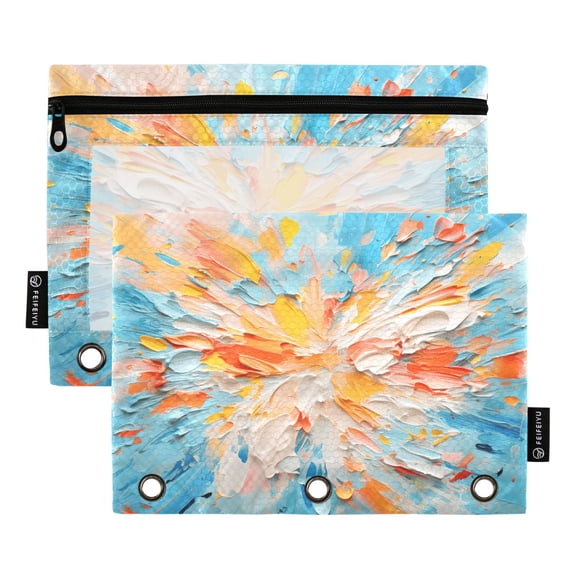 Blue White Orange Tie Dye 2 Pack Pencil Pouch for 3 Ring Binder Smooth Zipper Folders with Pockets Clear Window Pencil Case