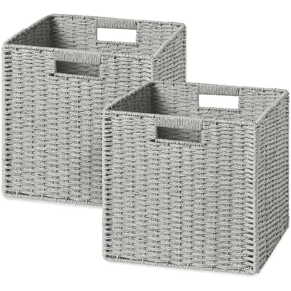 HBlife 2 Pack Wicker Basket, 11.8L×11.8H×11W inch Woven Paper Rope Storage Baskets for shelves, Foldable Cube Storage bin with Handle, Storage Basket for Organizing & Decor, Gray