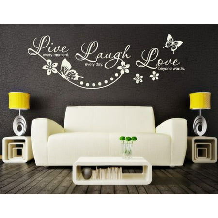 Live Every Moment, Laugh Every Day, Love Beyond Words Wall Decal - wall decal, sticker, mural home decor, floral quotes & sayings - 2725 - White, 24in x