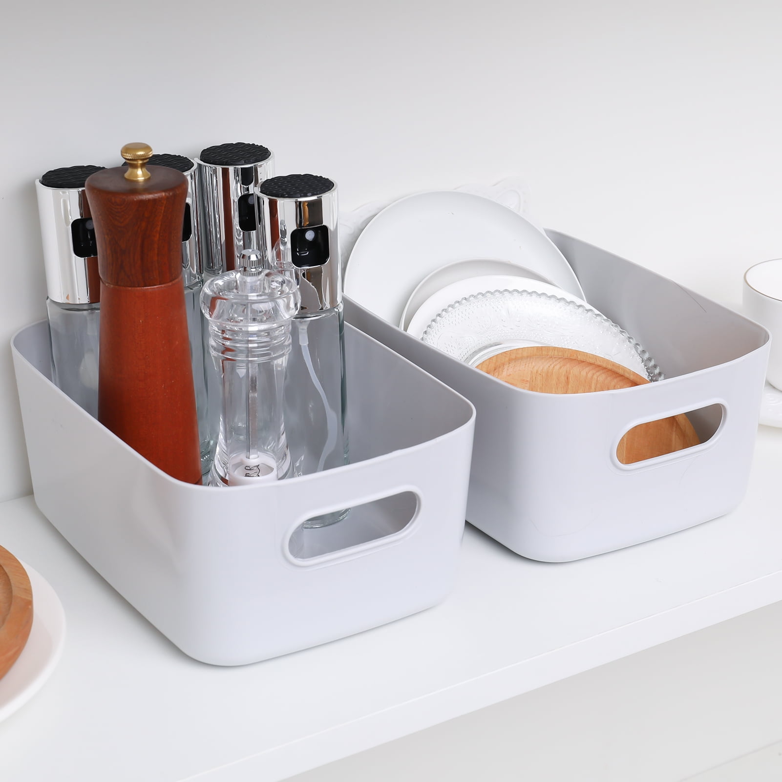 Hengguang 5 Pack Plastic Storage Boxes, Grey Storage Baskets Home Tidy Open Storage Bins with Handles, Rectangular Storage Basket for Kitchen, Cupboard, Office, Bathroom