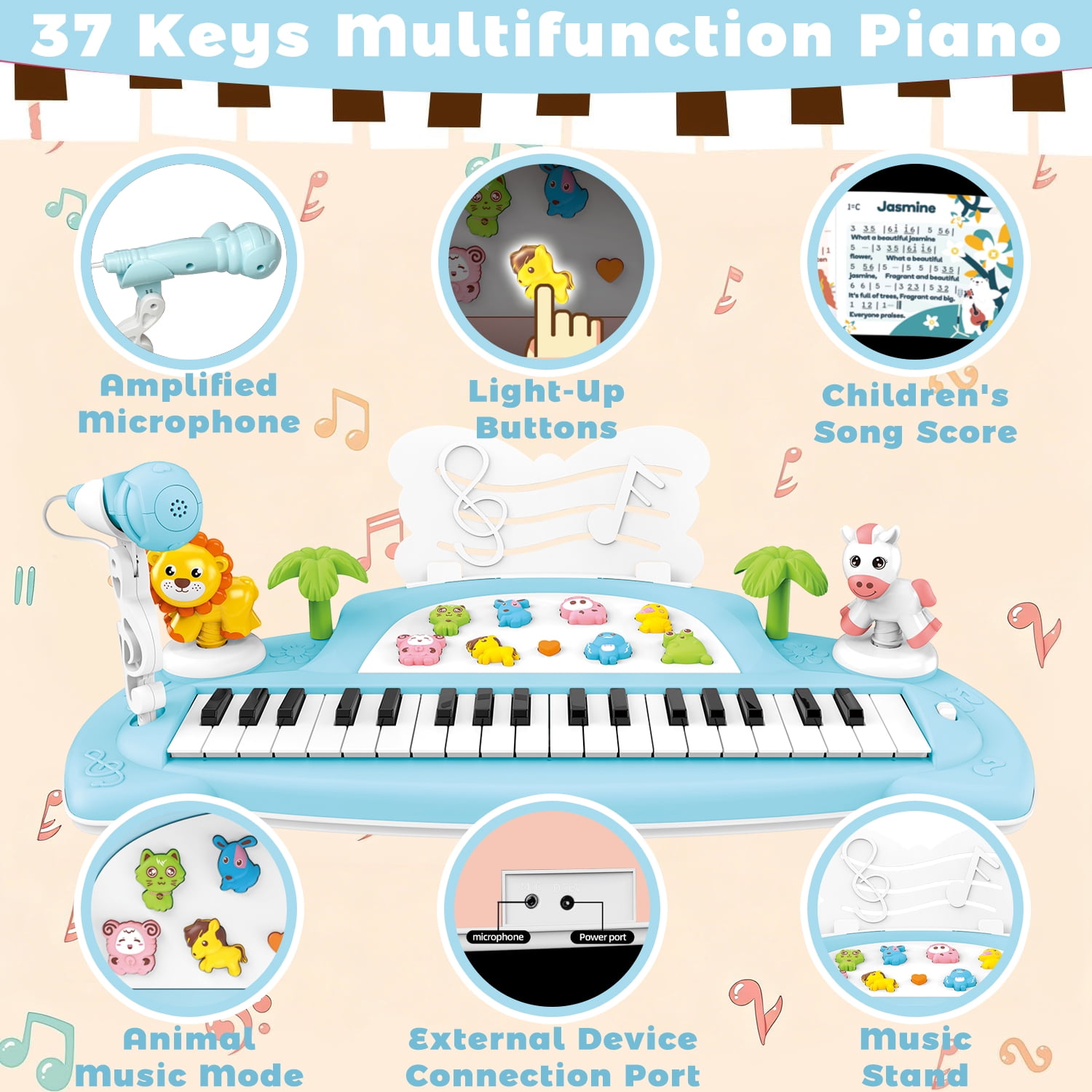 Aijohnny Toddler Piano Keyboard Toys, 37 Keys Musical Instruments with Microphone Animal Button, Birthday Gifts for 3-5 5-8 8-12 Year Old