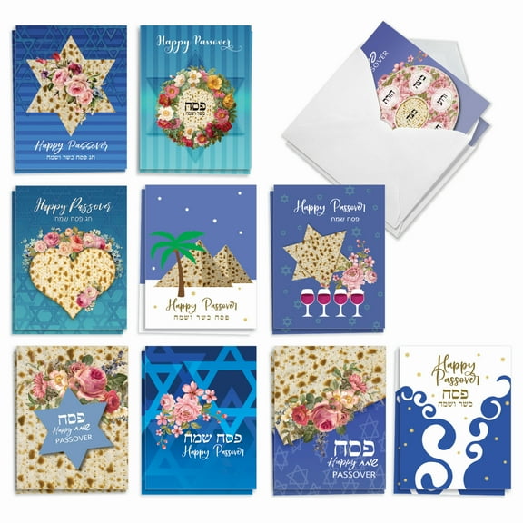 The Best Card Company 20 Assorted Passover Notecards Box Set 4 x 5.12 Inch with Envelopes (10 Designs, 2 Each) Matzo and More AM9159PAG-B2x10