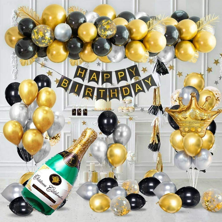 YANSION Luxury Birthday Party Decorations, Gold Metallic, Black Gold Silver  Confetti Balloons Supplies, Crown Beer Foil Balloons for 18th 21th 30th