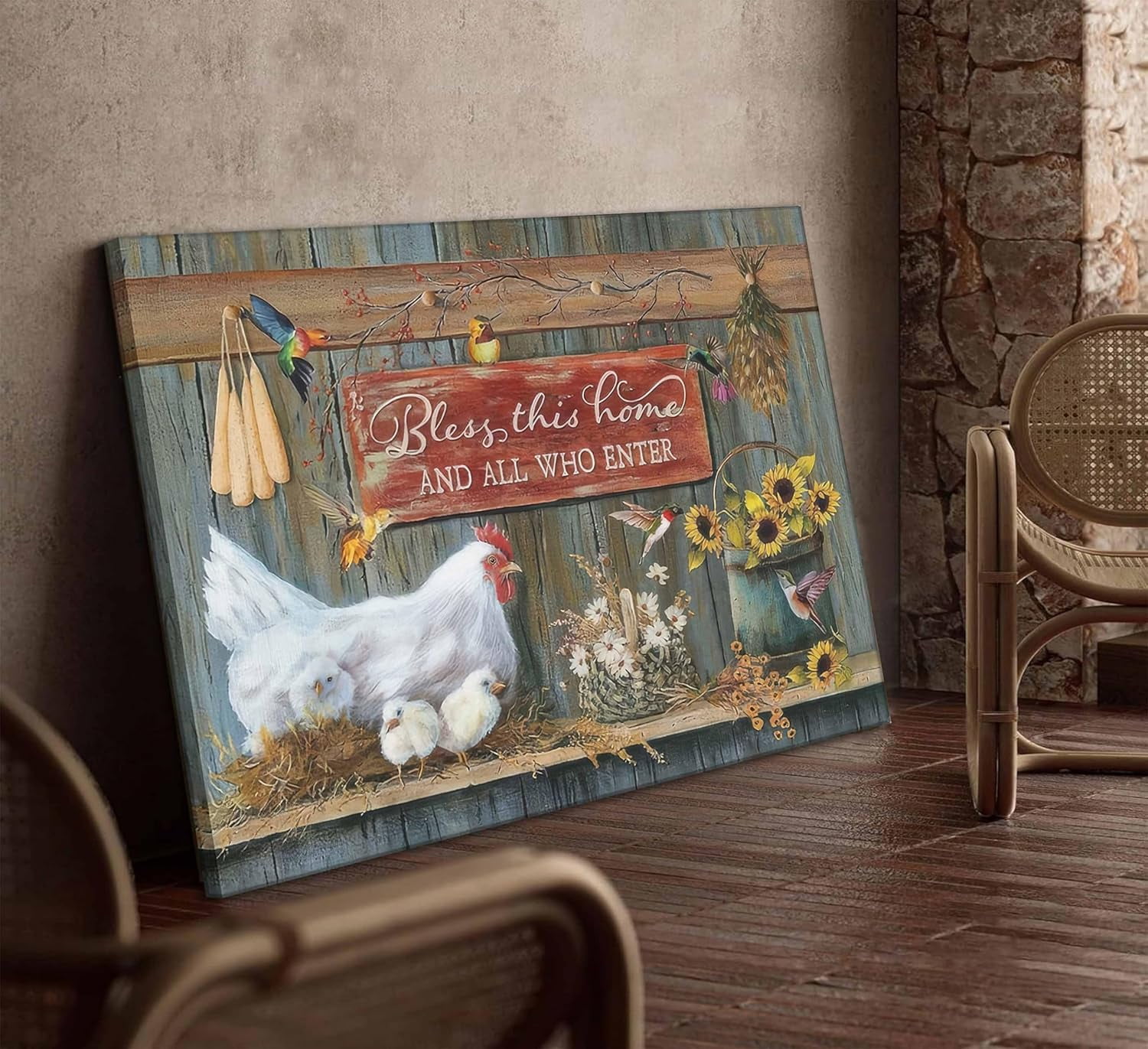 Farmhouse Country Chicken Canvas Wall Art Rustic Farm Hen Hatching Chicks Barn Animal Painting Picture Wall Decor Inspirational Quotes Flower Poster Prints for Kitchen Dining Room Decoration