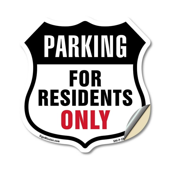 Parking For Residents Only (5 Pack) 4 inch X 4 inch Shield Shaped Heavy Duty 3.2 mil Vinyl Decals Weather Resistant Made in the USA