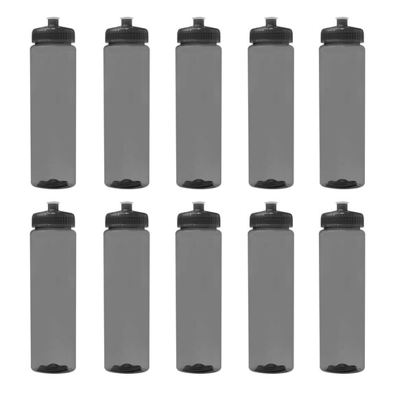 10 Poly-Clear Plastic Water Bottles Set, 32 oz. - Durable, Leak-Resistant, Push-Pull Lids - Trans Smoke