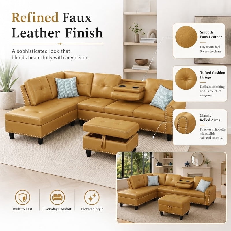 L-Shaped Sectional Sofa with Storage Ottoman, 4-Seat Modern Couch with Left-Facing Chaise and Built-In Cup Holders, Faux Leather Modular Sofa for Living Room, Apartment, Office