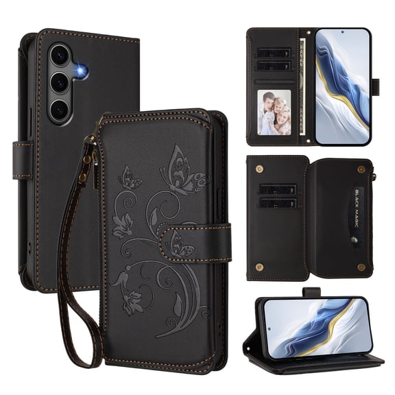 Dteck Wallet Crossbody Strap Case for Samsung Galaxy A17 5G,Magnetic Leather TPU Card Slots Zipper Wallet Case Shockproof Kickstand Cover with Detachable Wrist Strap / Shoulder Strap,Black