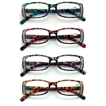 4 Pairs Women Rectangular Rhinestones Reading Glasses - Female Fashion Leopard Clear Lens Readers Demi Tortoise